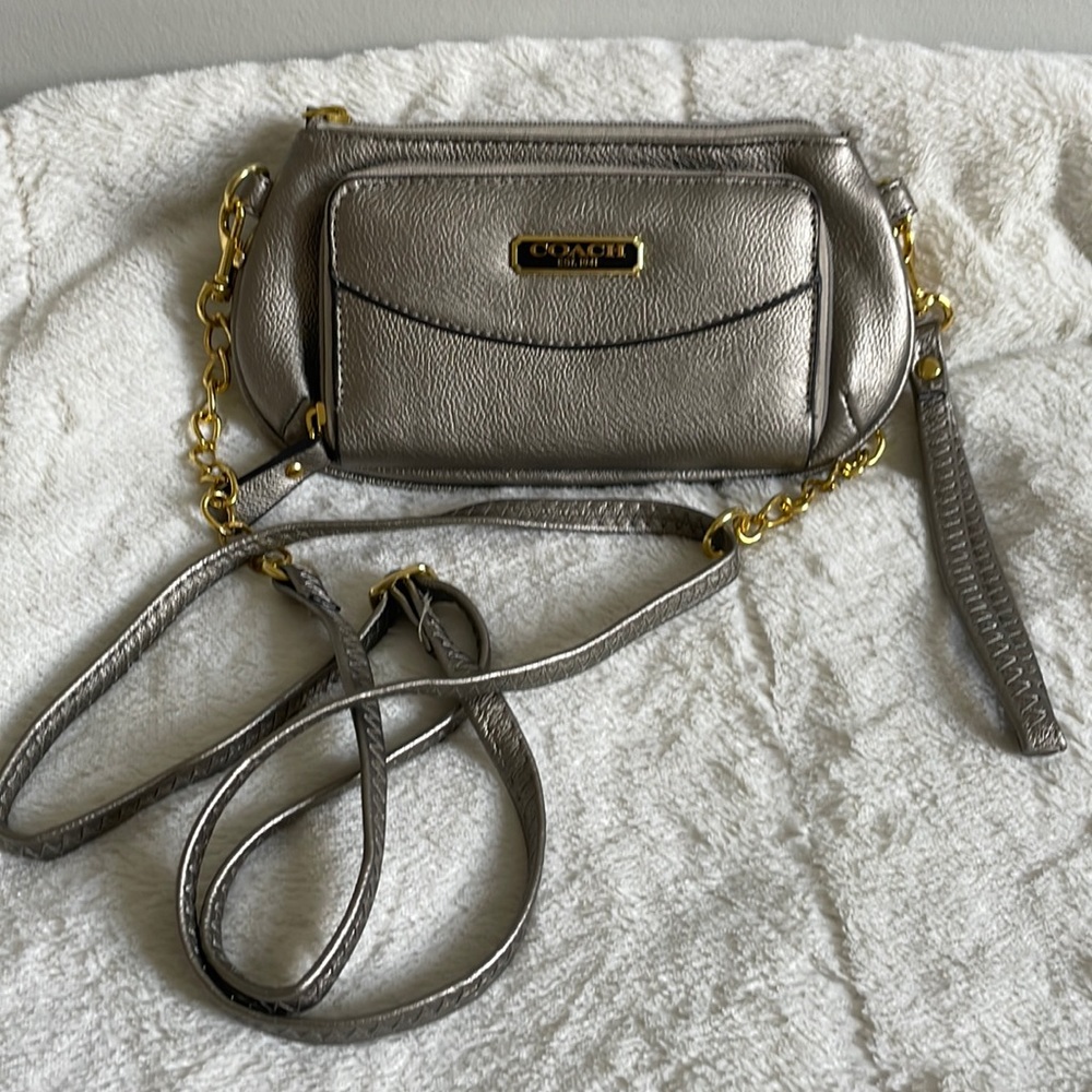 Coach metallic silver crossbody with gold hardware medium